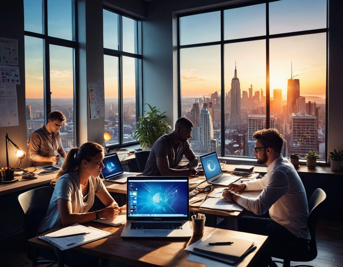 A dynamic scene showcasing a diverse group of passionate individuals collaborating over a stylish workspace filled with laptops and notebooks, surrounded by elements symbolizing success like trophies, charts, and inspirational quotes. The backdrop features a vibrant city skyline to emphasize ambition with rays of sunlight streaming through. The atmosphere exudes creativity and triumph, suggesting the transformation from passion to supremacy. super-realistic. vibrant colors. minimalistic design.