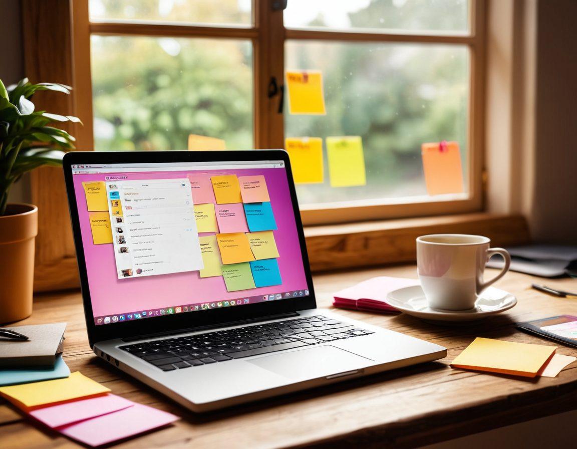 A laptop on a wooden desk displaying a vibrant blog interface, surrounded by colorful sticky notes with keywords like 'Guest Post', 'Networking', and 'Content Creation'. A coffee cup beside the laptop, with a notepad containing brainstorming ideas. Soft sunlight filtering through a window, creating a warm atmosphere. super-realistic. vibrant colors. cozy workspace.