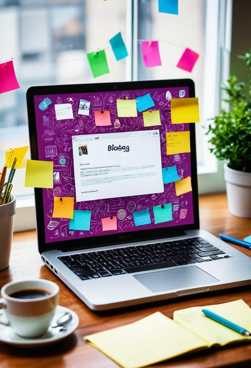 An open laptop with a vibrant blog interface on the screen, surrounded by colorful sticky notes filled with tips and ideas, a steaming cup of coffee beside it. In the background, a globe representing the digital world, with icons of social media platforms floating around. The overall scene exudes creativity and inspiration, capturing the essence of mastering blogging. super-realistic. vibrant colors. cozy workspace atmosphere.